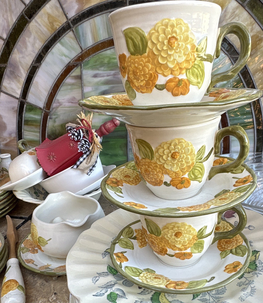 Floral Ceramic Cup & Saucer Set Six-Piece Yellow Green White