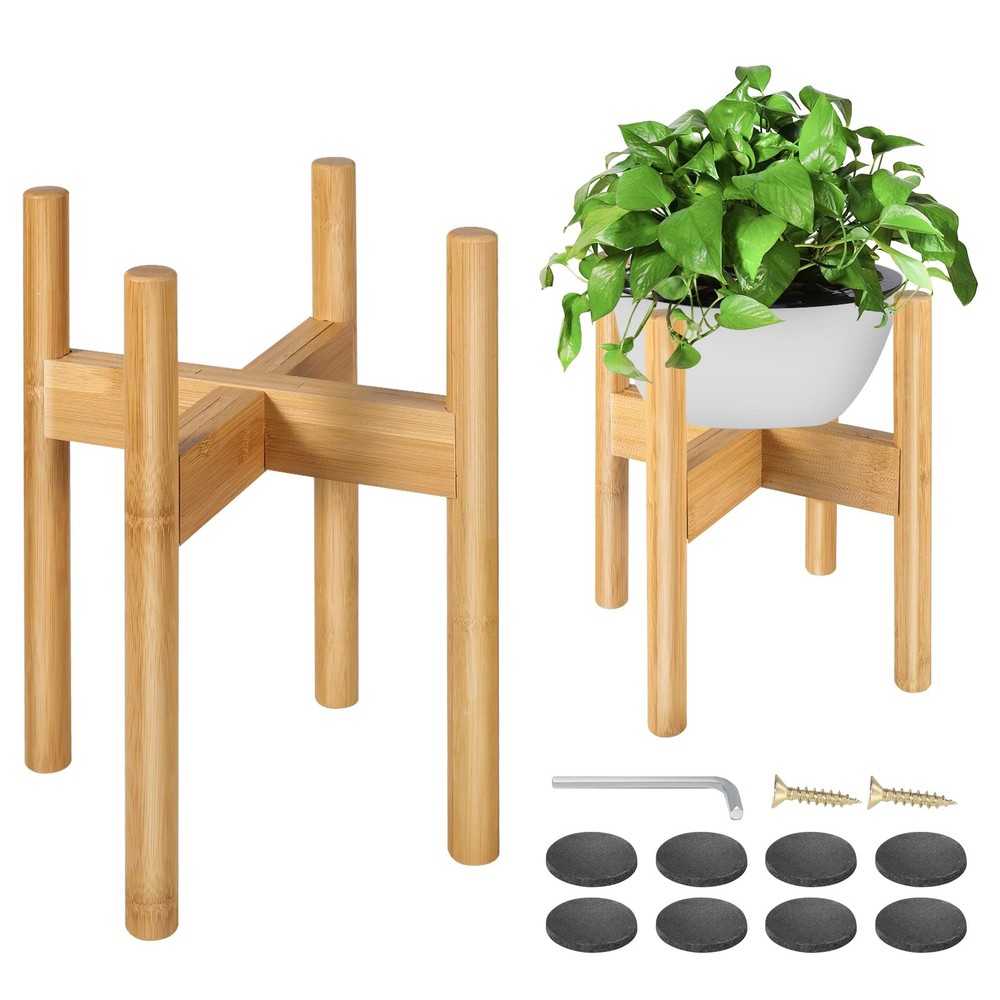 2 Pack Adjustable Mid Century Modern Bamboo Plant Stands for Indoor Plants