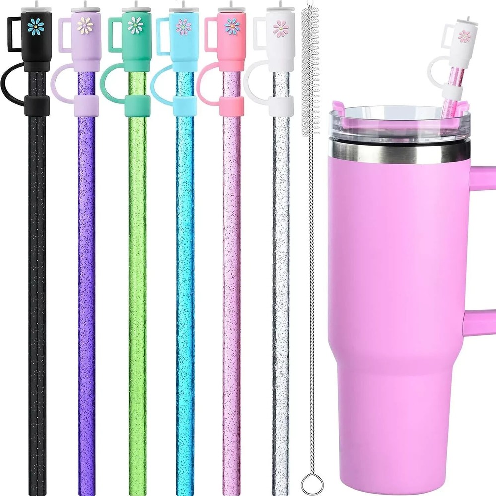12 Pack Replacement Glitter Straws and Covers for 40 Oz Stanley Adventure Travel