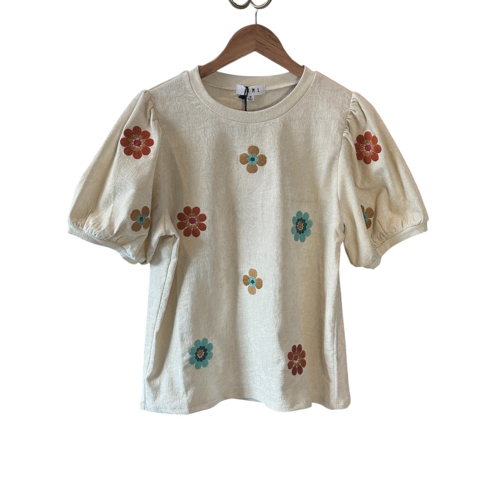 THML Cream Puff Sleeve Vegan Suede Embroidered Floral T Shirt Women's Medium