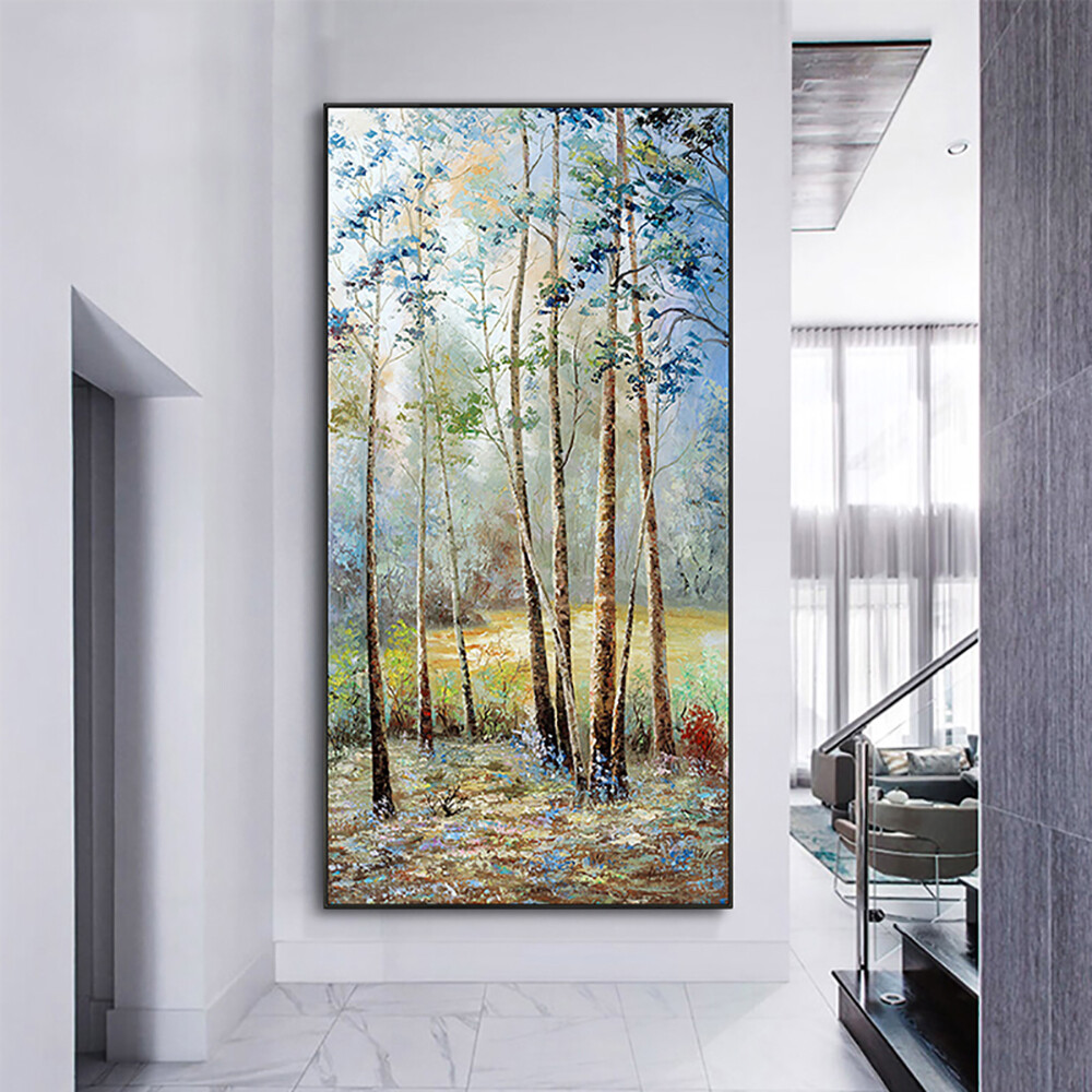 Handmade White Birch Forest Oil Painting On Canvas Abstract Landscape Painting