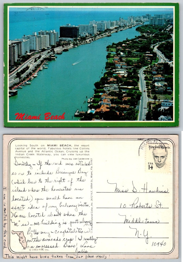 Miami Beach Florida Aerial View Postcard 1983 Indian Creek Waterway Hotels