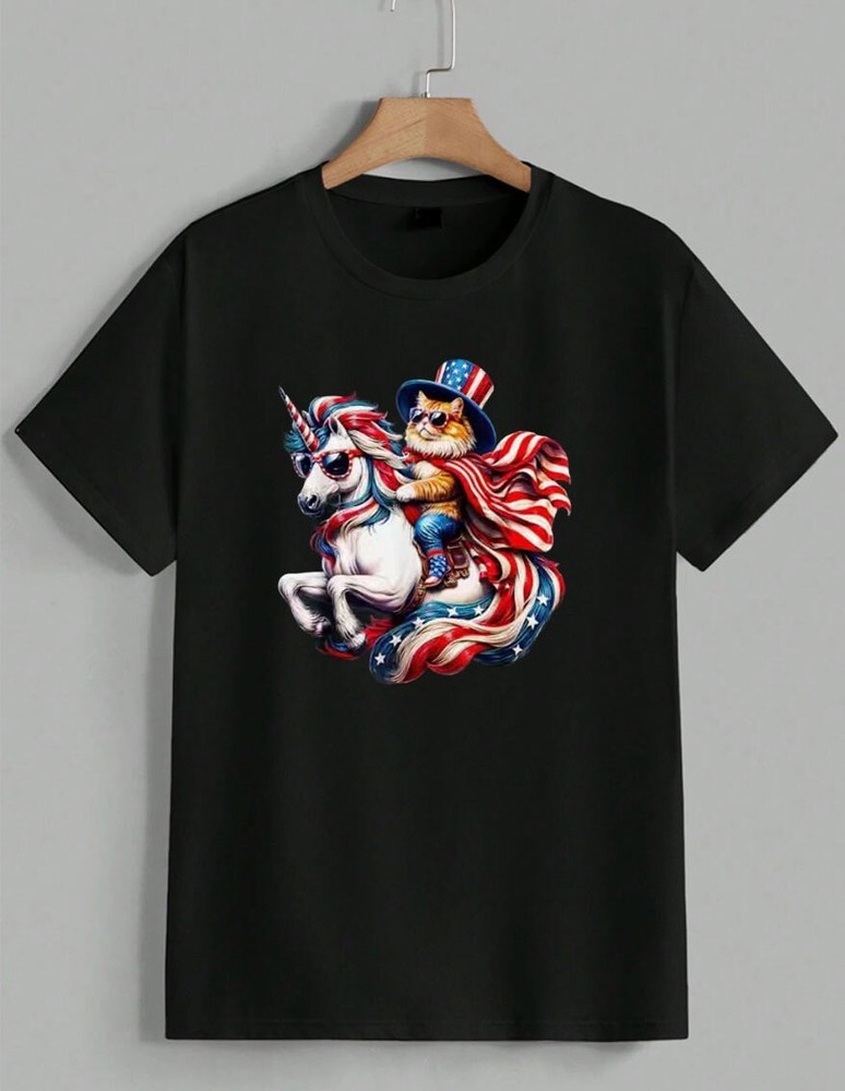 Patriotic Cat Unicorn Graphic Tee USA Flag 4th of July Funny T-Shirt Unisex