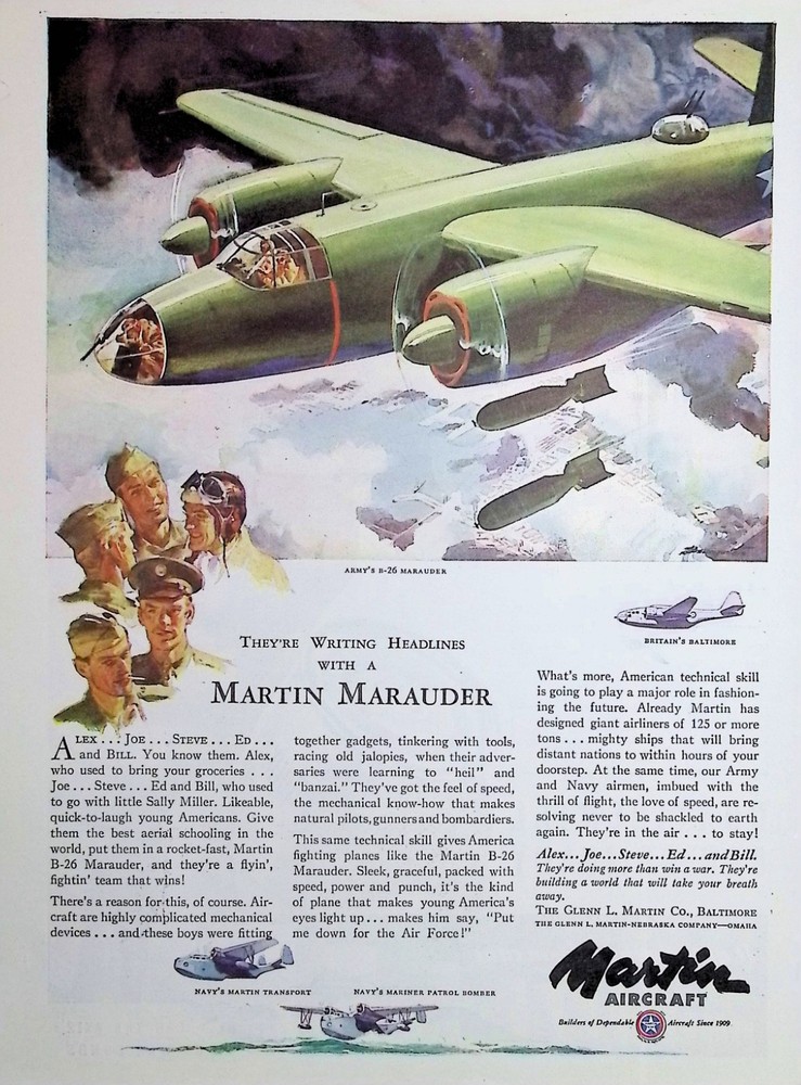 Original 1943 Vintage Print Ad: Martin Aircraft, Army's B-26 Marauder#Collective
