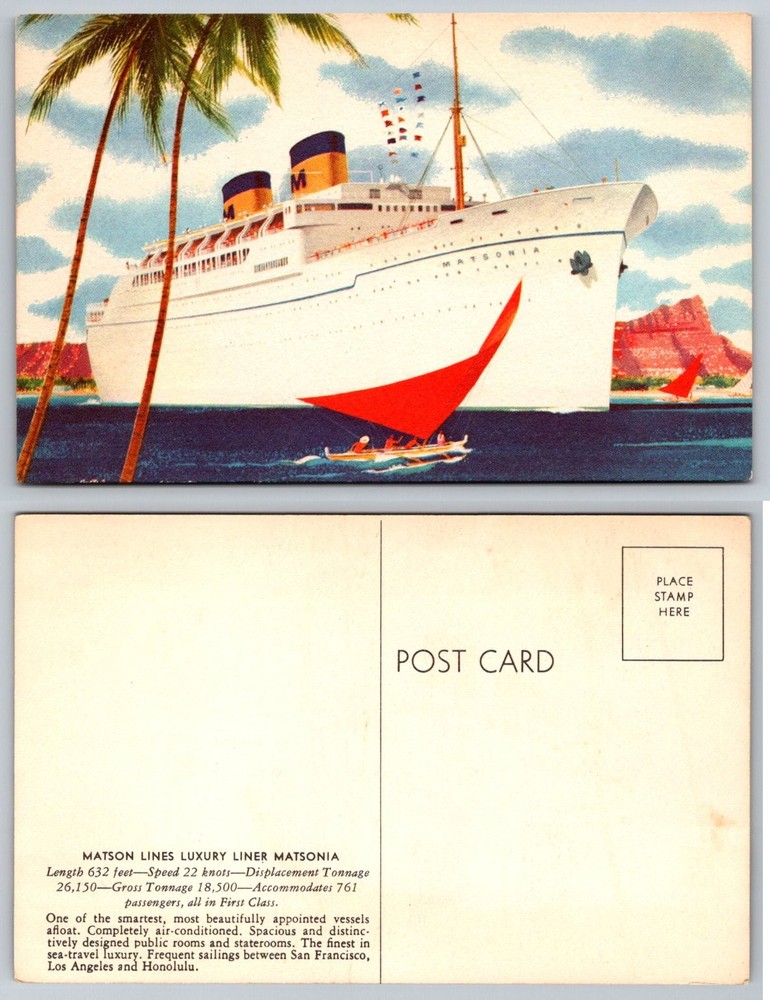 Matsonia Luxury Liner Postcard Hawaii Ocean Cruise Ship Travel