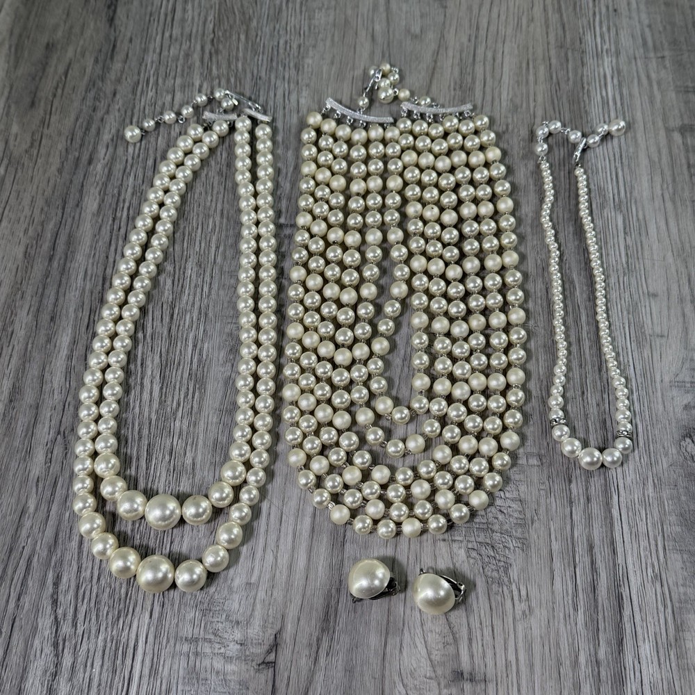 Vintage Faux Pearl Necklace (3) Multi Strand & Clip Earings Set Signed Japan 18”
