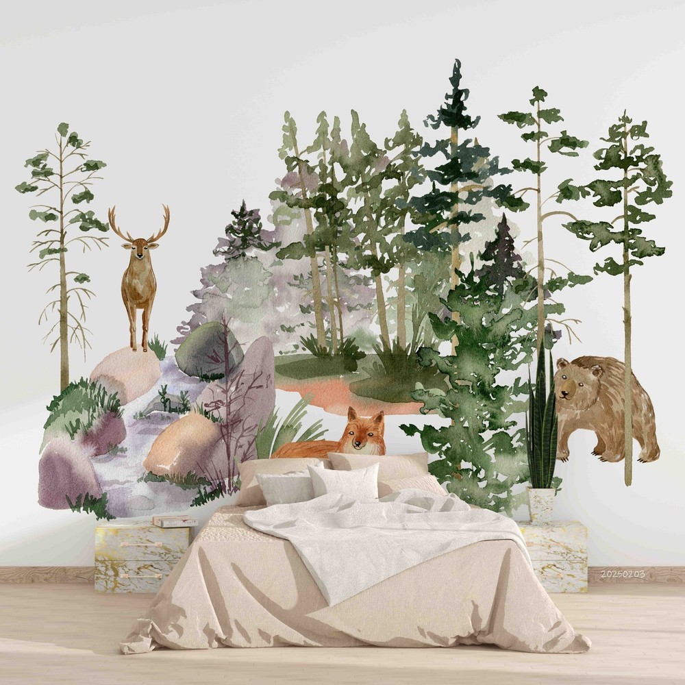 3D Forest Deer Fox Bear Watercolor Wall Murals Wallpaper Murals Wall Sticker
