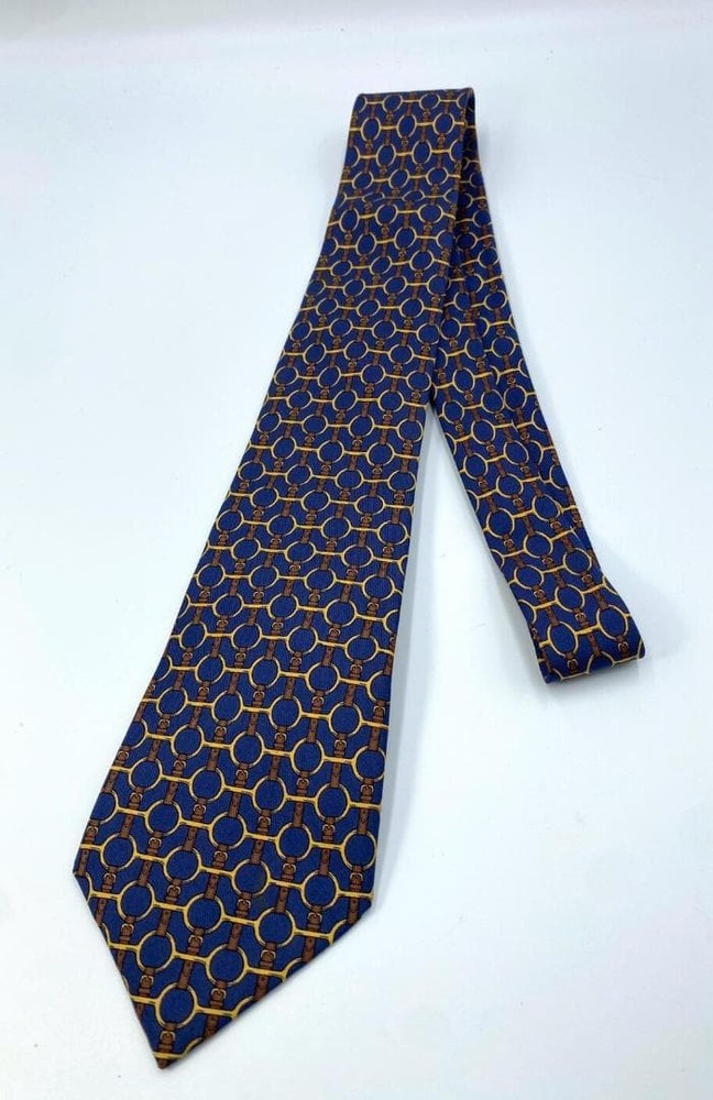 HERMES Necktie Tie Navy 100% Silk Made in France Men's All over harness pattern
