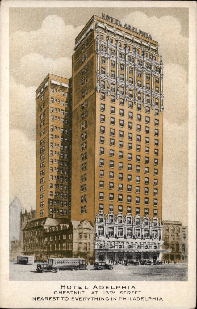 Hotel Adelphia Philadelphia Pennsylvania 1920s artist rendering postcard trolley