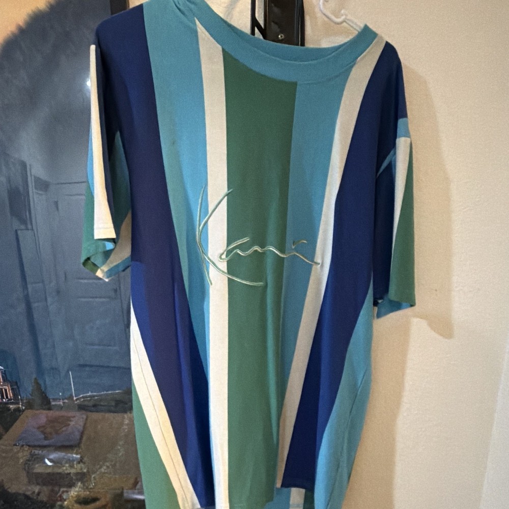 Karl Kani Men's L Striped Crew Neck Short Sleeve T-Shirt w/ Logo Blue Green