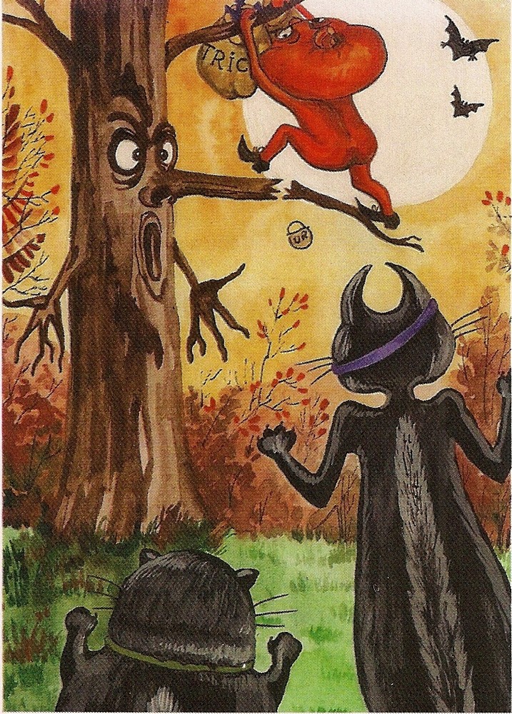 ACEO Print Ryta Halloween Black Cats Pumpkin Folk Art Trick or Treat