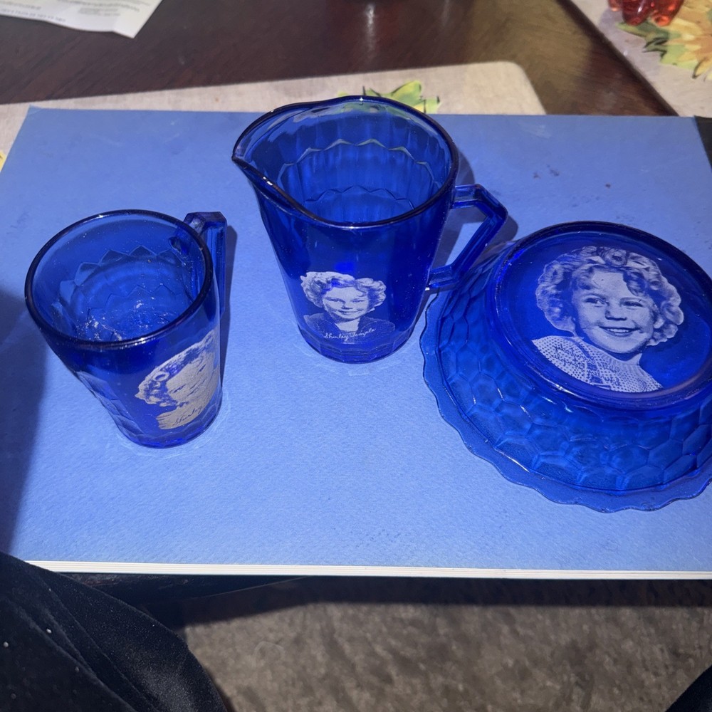 Shirley Temple 3 Piece Blue Glass Set Of Bowl, Creamer And Sugar