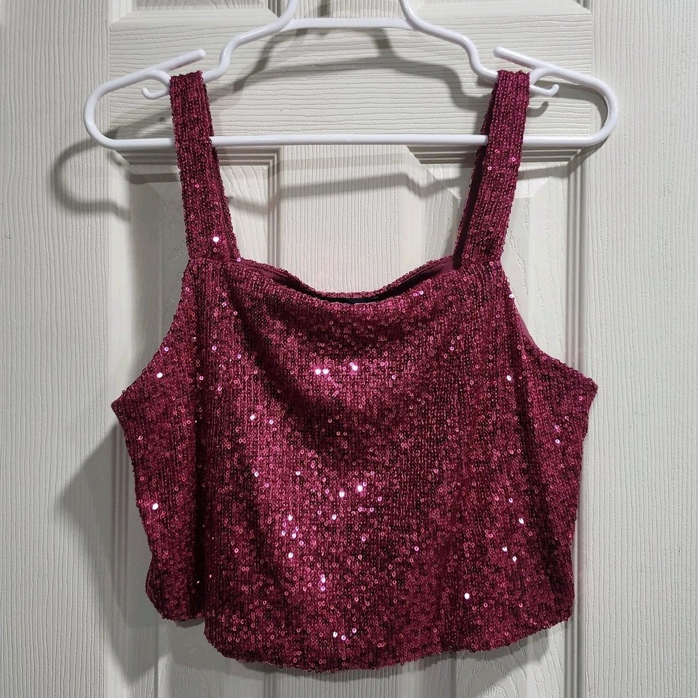 Rachel Zoe Pink Sequin Cropped Top M Sparkly Glitter Party Cami Y2K Clubwear