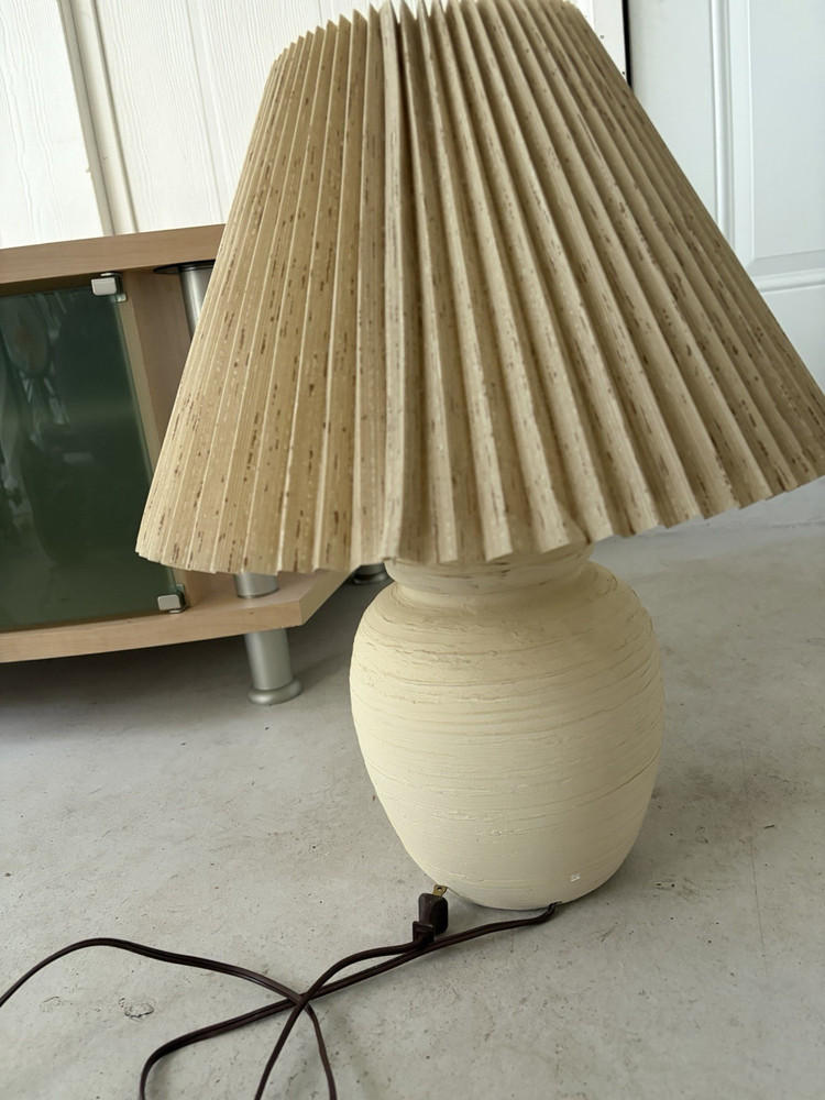 Beige Ceramic Table Lamp with Textured Base & Pleated Cone Shade for Bedroom
