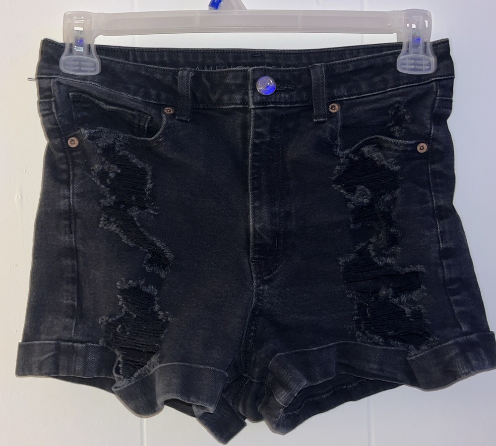 American Eagle Outfitters Women's Distressed Black Denim High-Rise Shorts Size 8