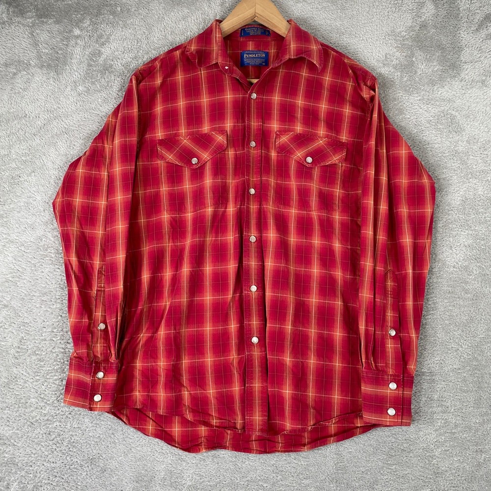 Pendleton Rancher Shirt Mens Small Red Plaid Pearl Snap Western Long Sleeve