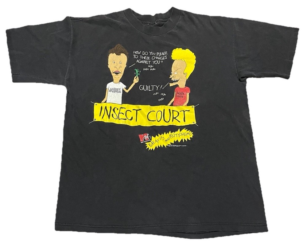 Vtg 1993 Beavis and Butthead T-Shirt Insect Court Black L MTV Stanley Desantis