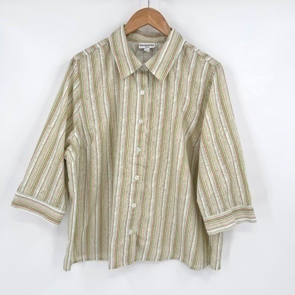Breckenridge Green/Pink Striped Floral Button Up 3/4 Sleeve Blouse Women's 2X