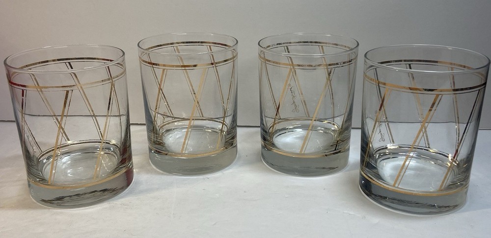 MCM Georges Briard Gold Diagonal Old Fashioned Low Ball Tumblers Set Of 4 - READ