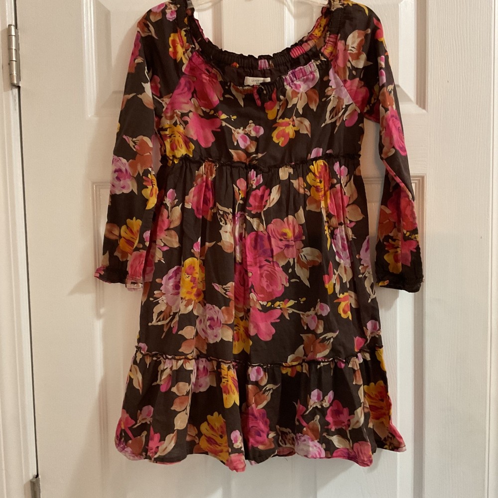Lands End Kids Brown and Pink Floral Dress, Size 7,Fairy,Ruffles, Boho