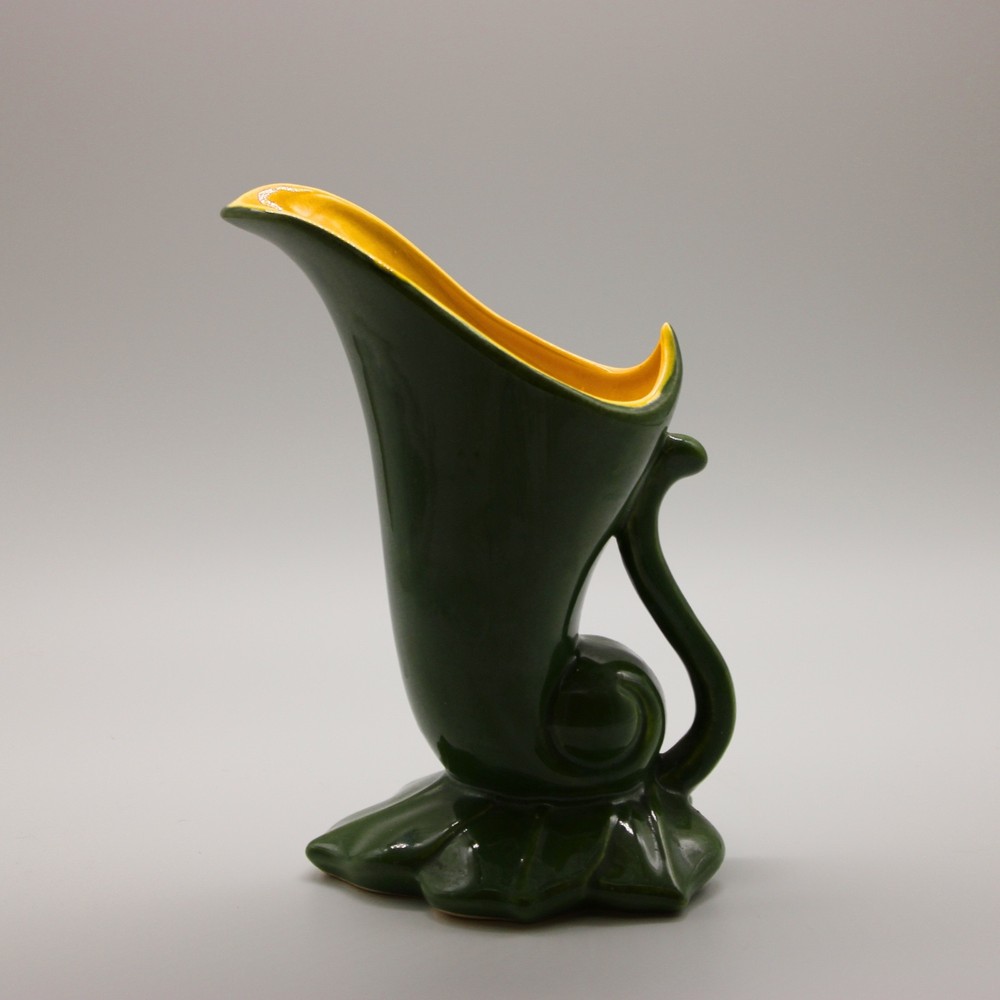 VINTAGE Red Wing Pottery Cornucopia Vase #1356 Green with Yellow Inside