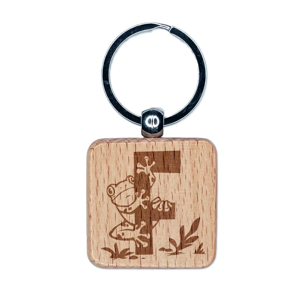 Frog Engraved Wooden Animal Alphabet Letter F Keychain Charm Tag  