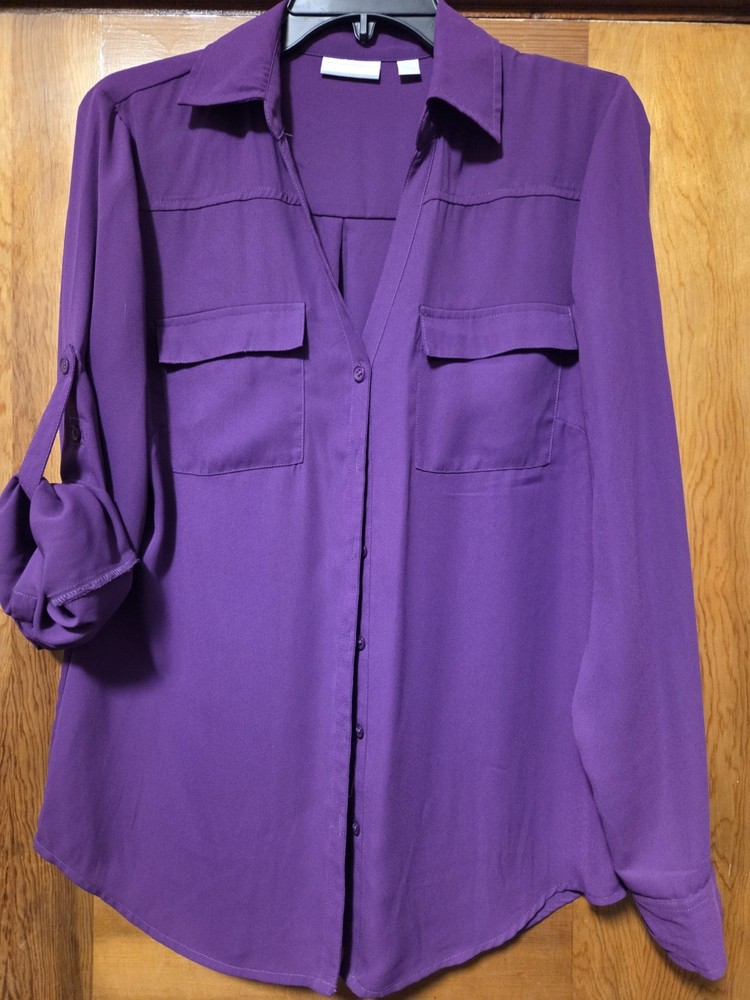 New York & Company Purple Roll Tab Sleeve Women's Large Blouse