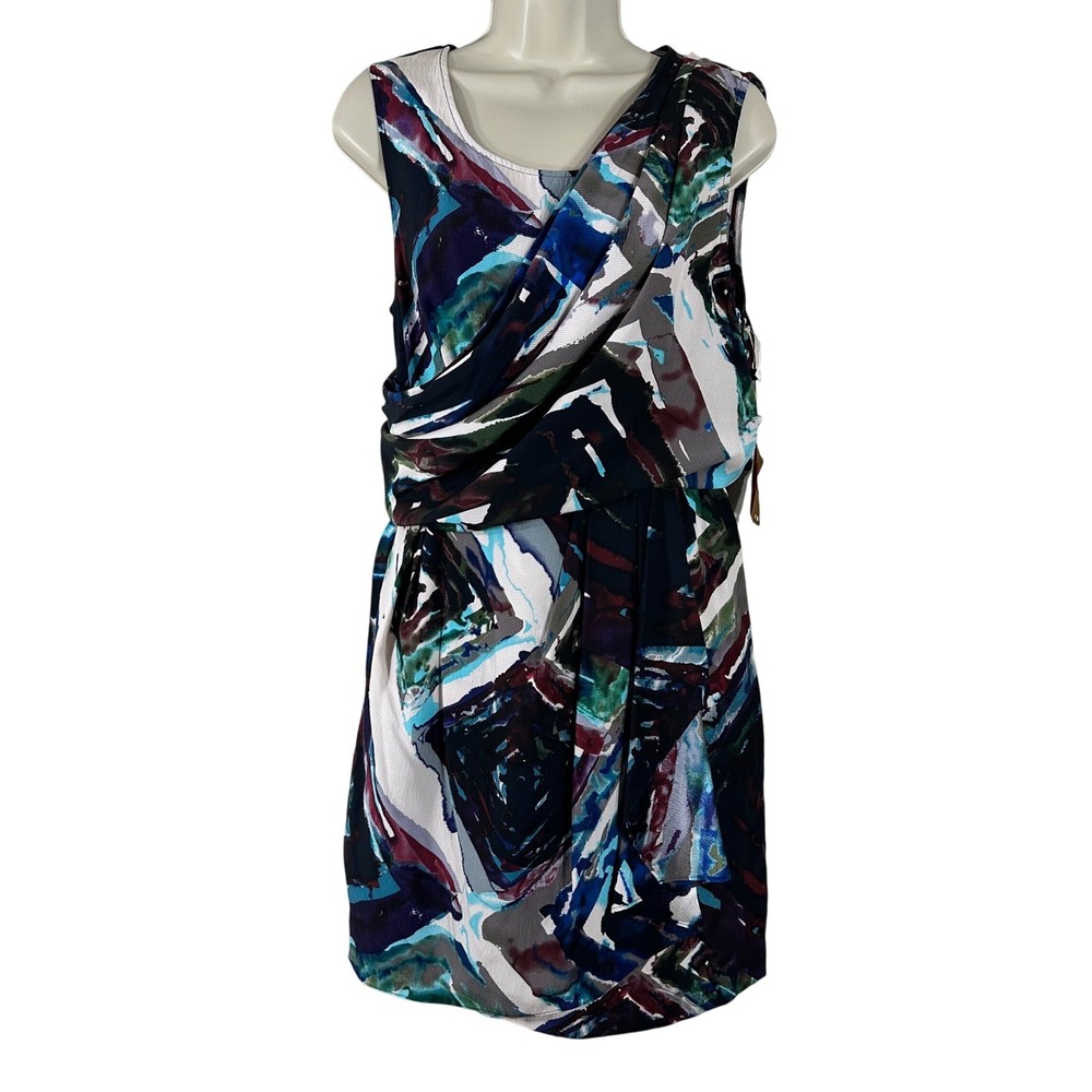 Ali Ro Women's Dress Blue Geo 100% Silk Draped Top Pleated Skirt Dress Size 6