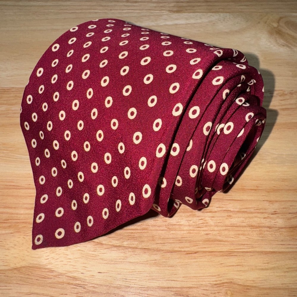 Vintage Polo Ralph Lauren Tie Silk Burgundy Cream Polka Dot Made in USA Mens