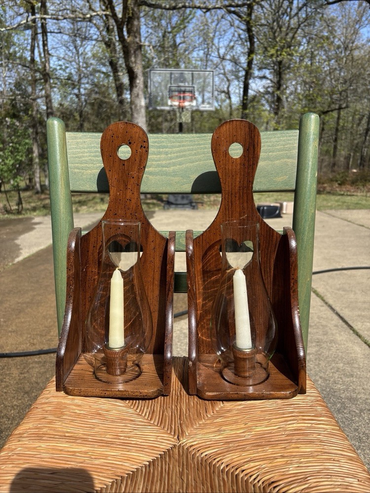 Vtg Home Interiors Solid Wood Heart Cut Out Sconces With Clear Votives Never lit