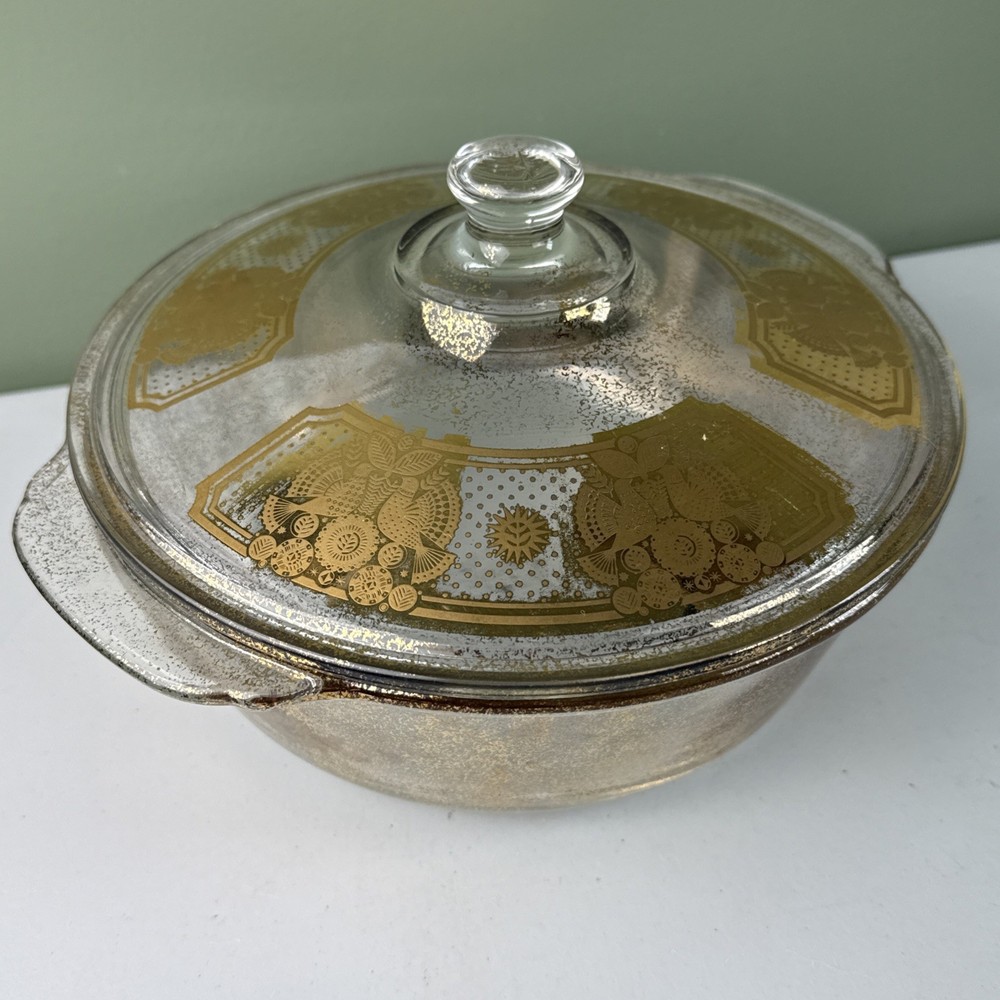 Vintage Mcm Georges Briard Fire King Gold Glass Lidded Casserole Dish