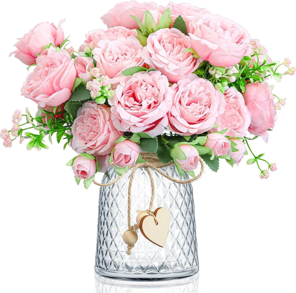 New 4 Bouquets Artificial Peonies Silk Flowers with Vase Faux Flower Arrangement