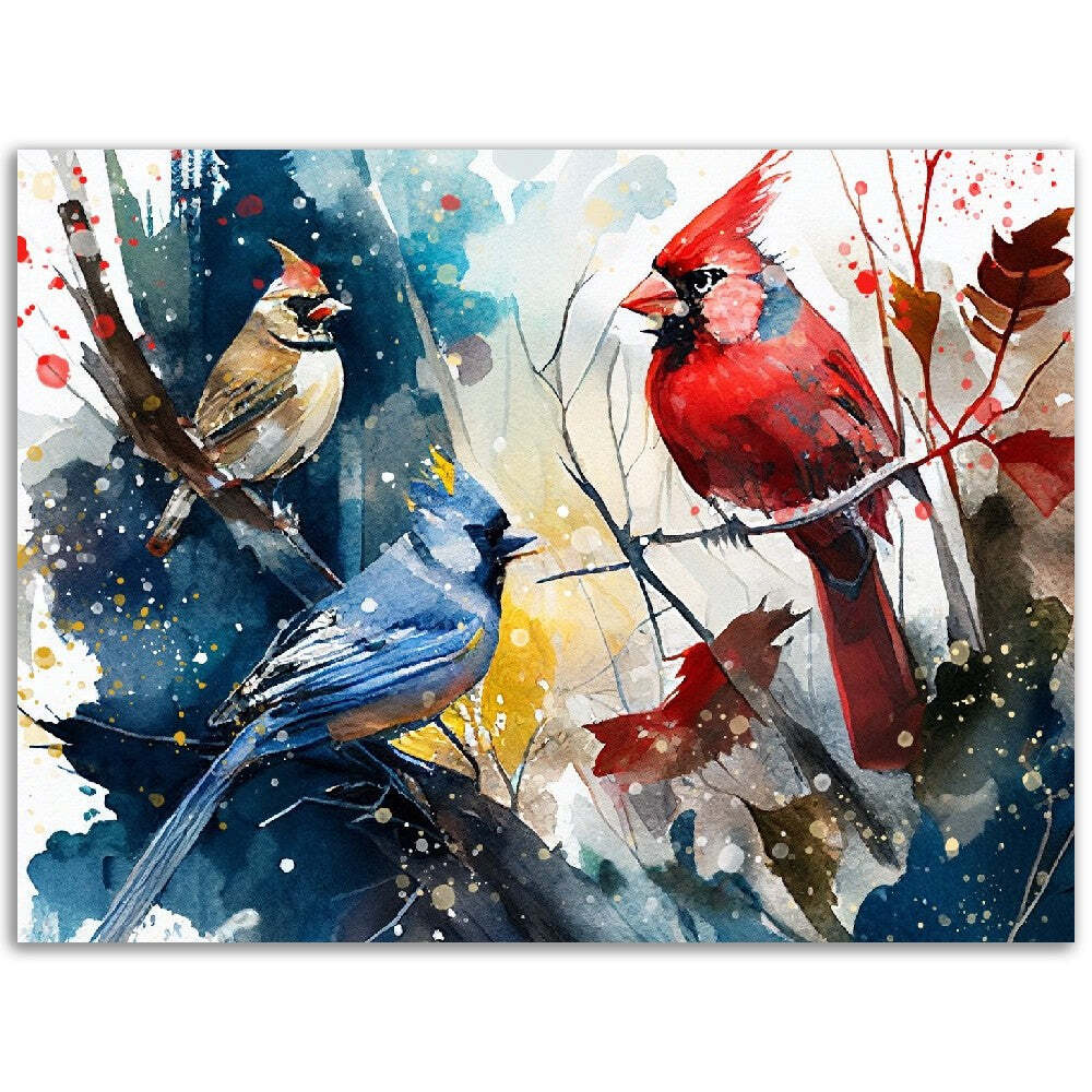 Blue Jay & Cardinal Watercolor Painting Bird Wildlife Art Print Poster