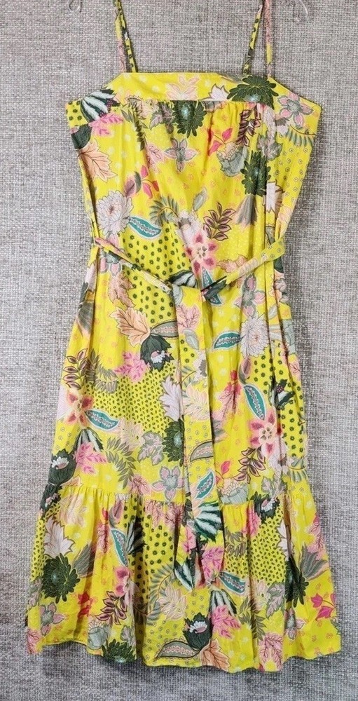 Ann Taylor LOFT Yellow Floral Midi Sundress Tie Belt Womens 8 Ruffle Zip