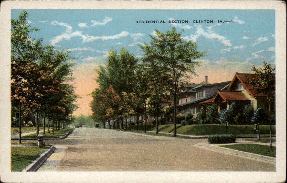 Clinton Iowa residential section street trees ~ 1920s vintage postcard