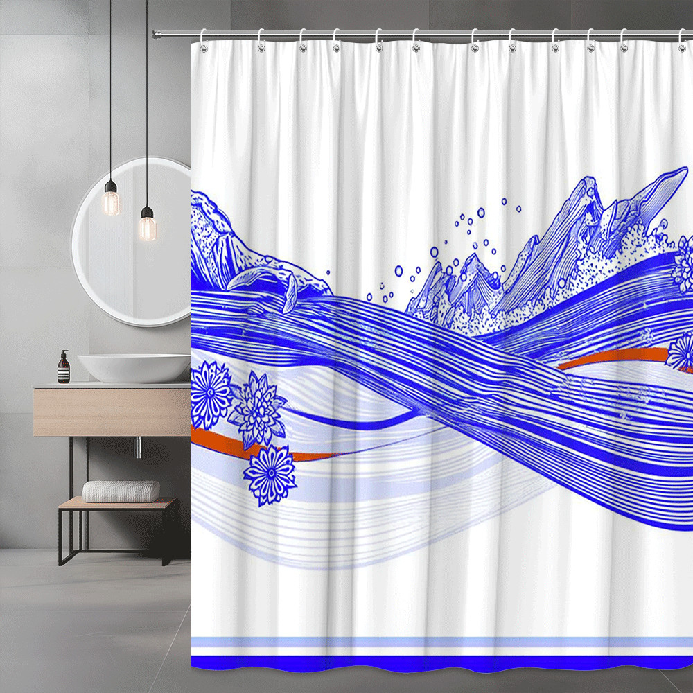Blue Abstract Wave Shower Curtain Floral Line Art
