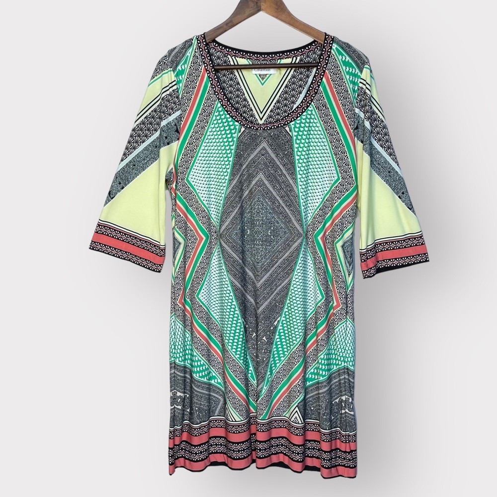 Calvin Klein Shift Dress Women Size L Green Multi BOHO 3/4 Sleeve Scoop Neck