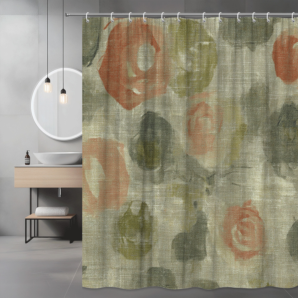 Floral Abstract Shower Curtain, Beige Green Orange Brushstroke Print