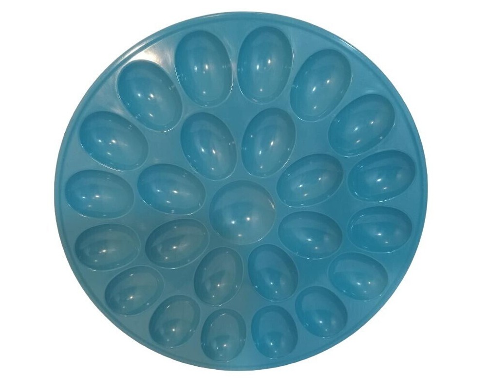Dennis East Deviled Egg Platter Plate Teal Blue Hard Plastic Holds 12 Eggs