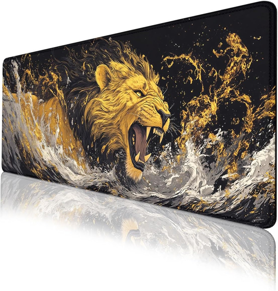 Lion Roaring Desk Mat Gaming Mouse Pad Cool Animal Black Gold Wildlife XL Mouse