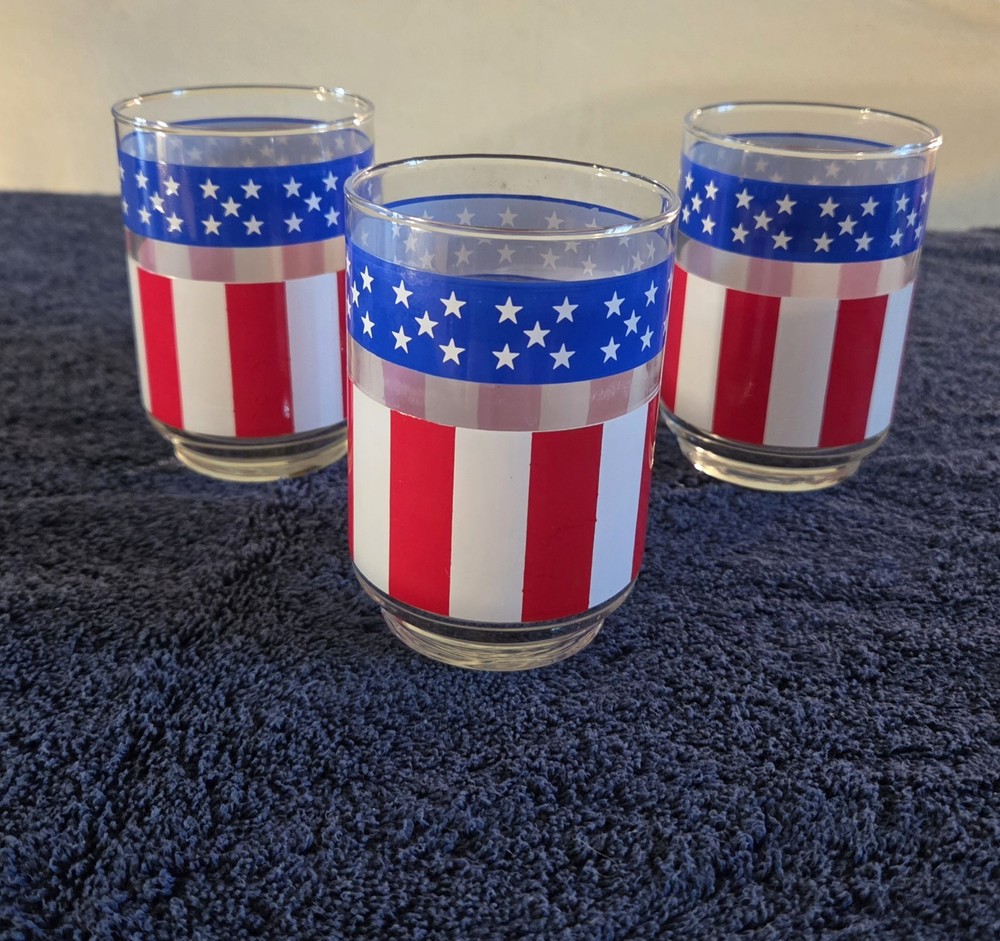 3 Vintage Libbey Glass Co. Stars & Stripes Tumblers From The 1970s. Made In USA