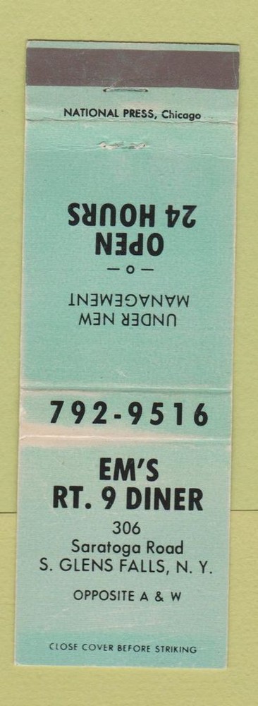 Matchbook Cover - Em's Route 9 Diner South Glens Falls NY WEAR
