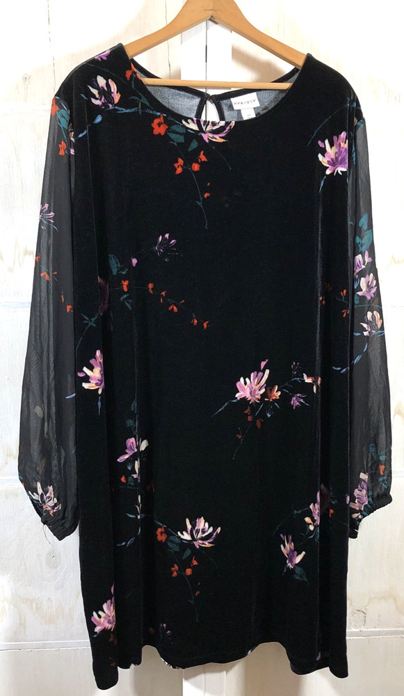 Ava And Viv Midi 4X Velvet Cottage Boho Black Floral Dress Sheer Sleeves