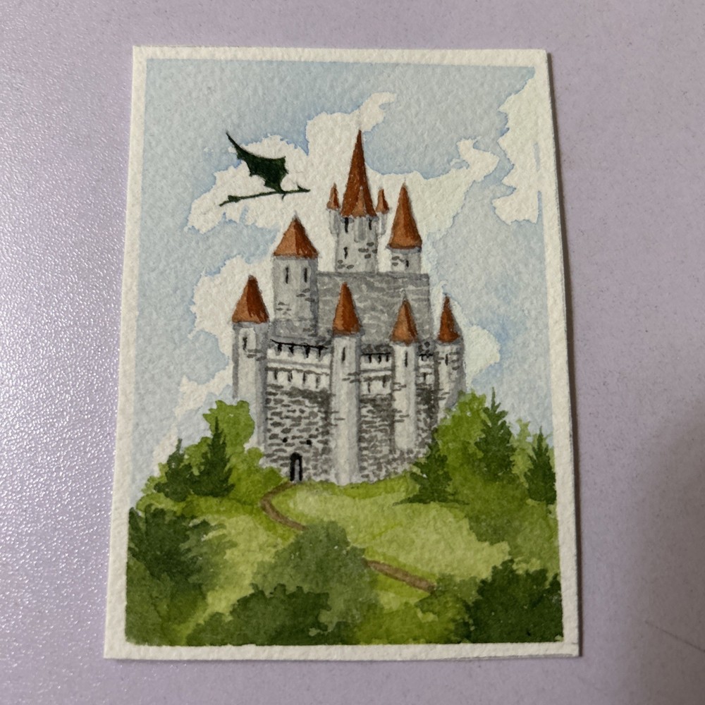 ACEO dragon Castle Mythical Dragon Art Original free shipping Painting Fantasy