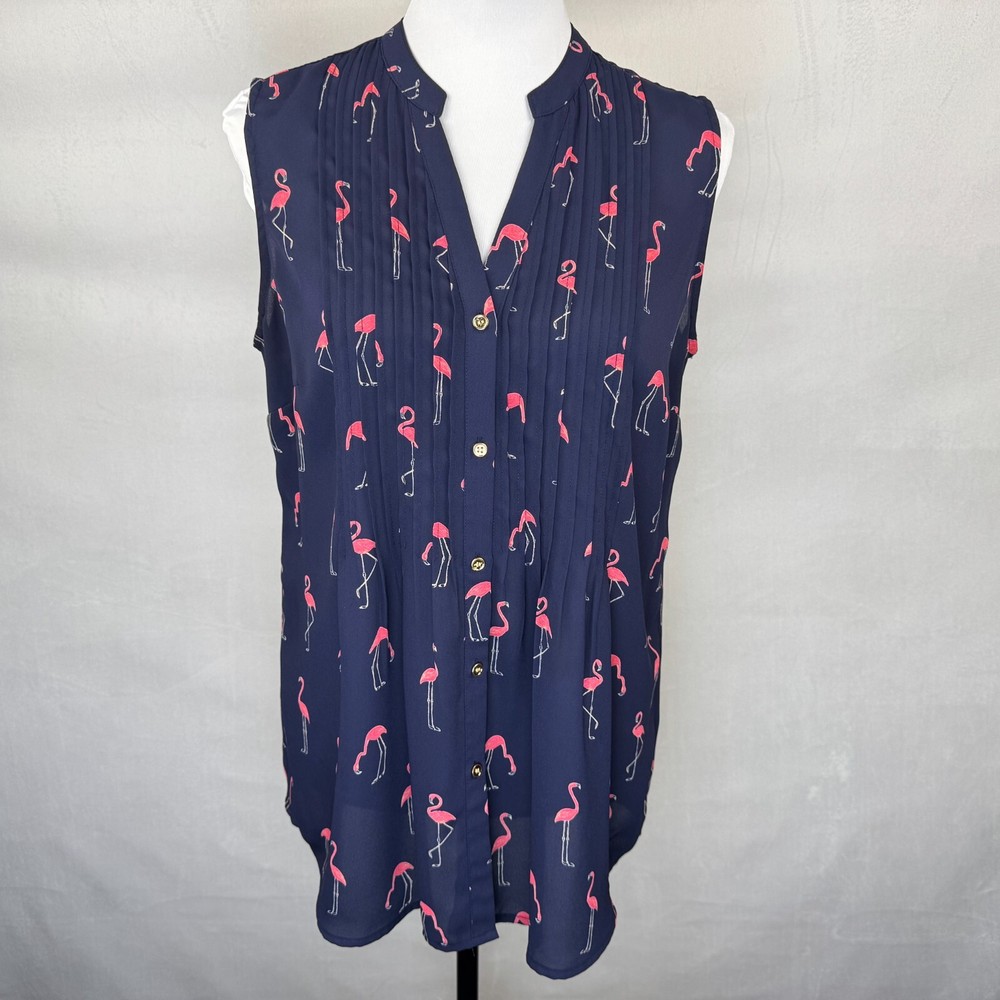 Charter Club Top Sz M Blue Pink Print Split Neck Pleated Button Up Sleeveless