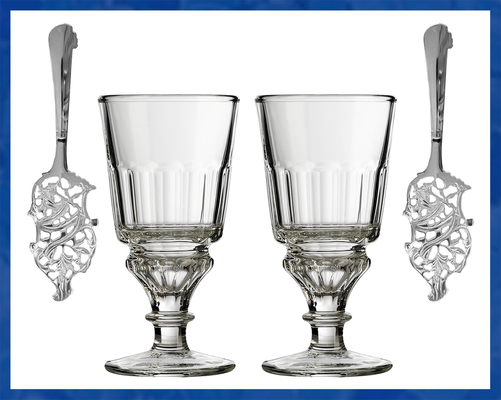 2 French Pontarlier Absinthe Glasses & 2 Classic Leaf Spoons Set-image