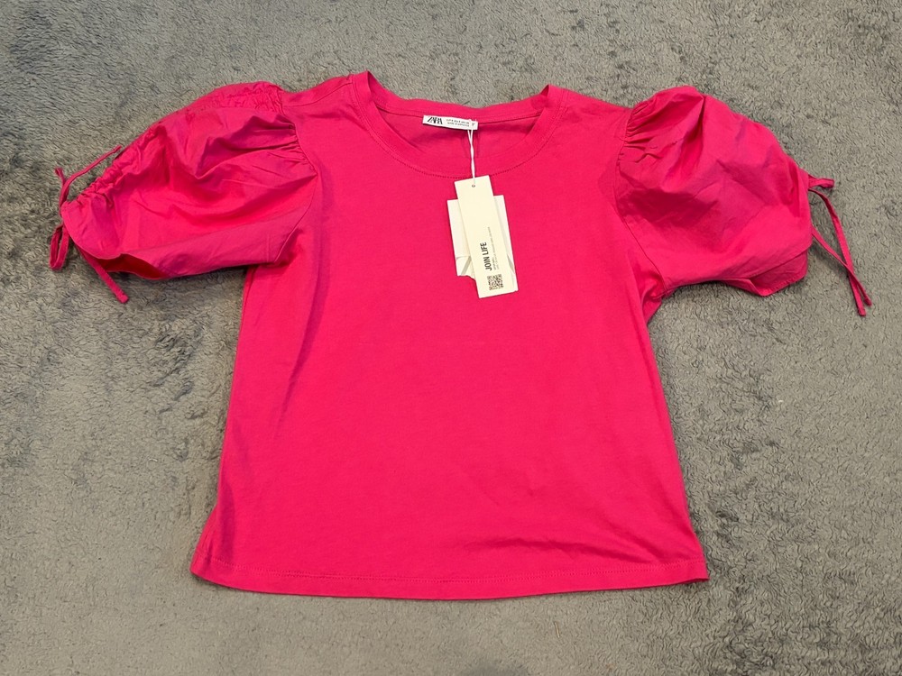 NWT Zara Top Womens Small Pink Puff Balloon Sleeve Shirt Blouse Cotton S/S