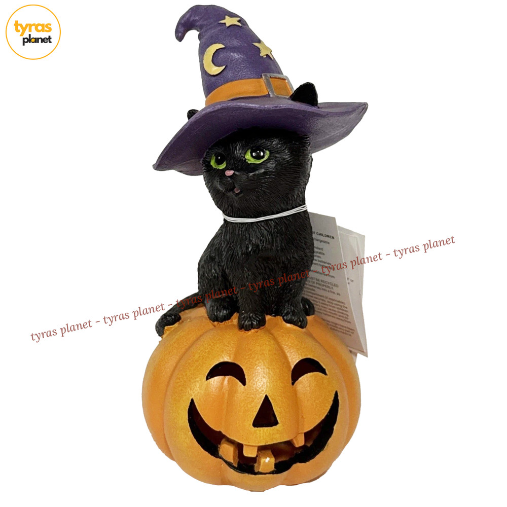 Candy Corn Lane 12” Halloween Black Cat Kitten With Witches Hat Light Up - NEW