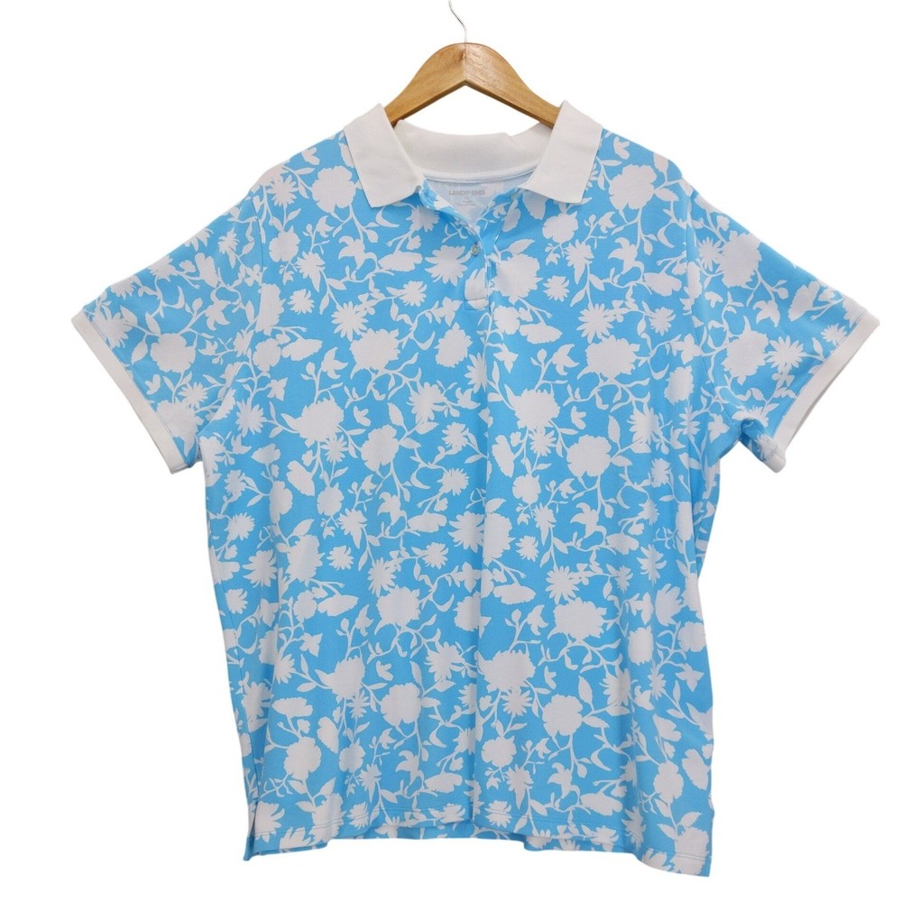Lands End Polo Shirt Women 2X Blue Floral Short Sleeve Cotton Blend Pique
