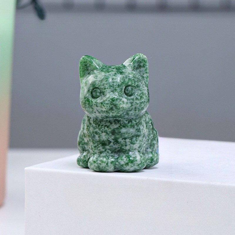 Natural Qinghai Jadeite Crystal Carved Lucky Cat Gem Statue Healing Animal Decor